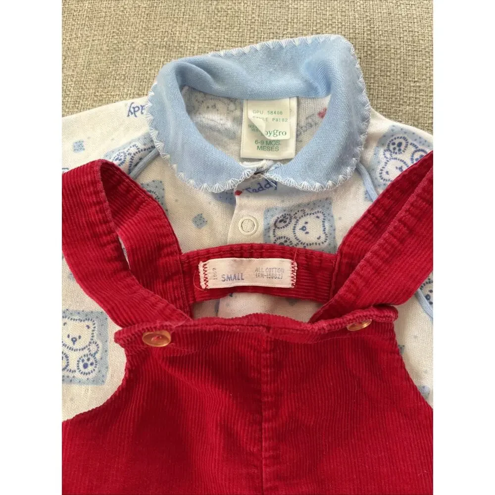Vintage 70s Lot of 2 Red Corduroy Bib Overalls 6 mths Babygro Baby Sleeper Pjs